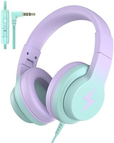 Candy Bila Kids Headphones, Wired Headphones for Kids Over Ear with Microphone, 85/94dB Volume Limiter Headphone for Girls Boys, Foldable Headphone for Learning & Entertainment,Gradient Purple
